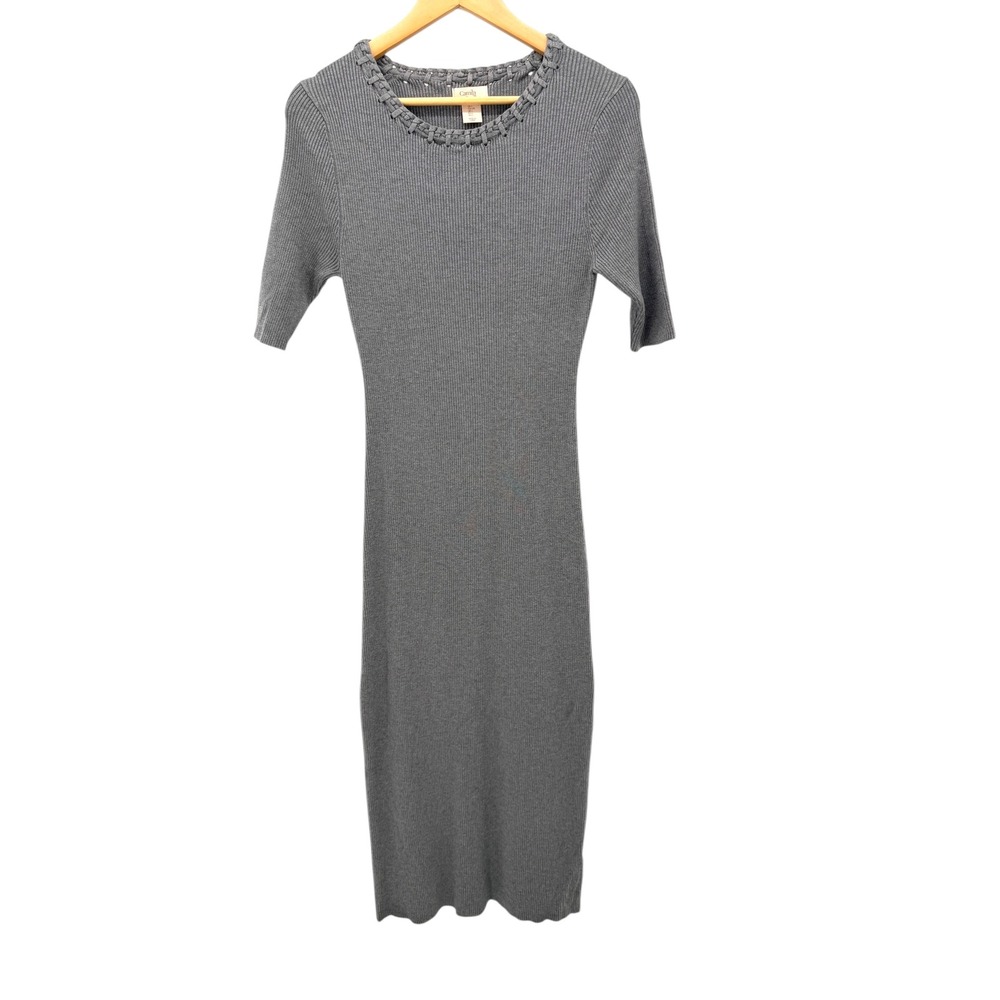 Camila Coelho Gray Ribbed Knit Midi Dress Short Sleeve Bodycon Stretch L‎
